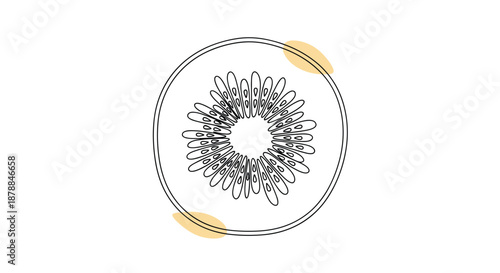 A simple, elegant line art illustration of a kiwi fruit slice with delicate black outlines and subtle yellow accents on a clean white background.