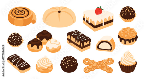 A delightful and varied collection of freshly baked pastries, cakes, and sweets, featuring chocolate, cream, and fruit decorations.