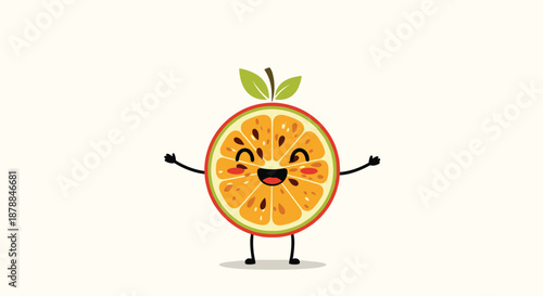 A cute, happy passion fruit slice cartoon character with a big smile and open arms, inviting you in for a sweet treat.