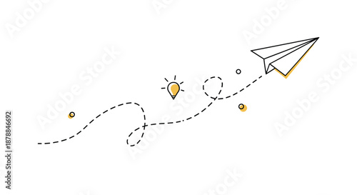 A paper airplane flies a winding dashed path, passing a glowing lightbulb, illustrating the journey of innovation and creative ideas.