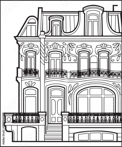 Architecture coloring page for kids and adults, black and white sketch line art vector illustration