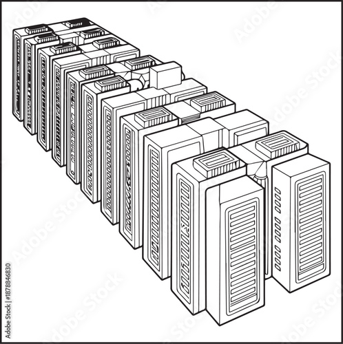 Architecture coloring page for kids and adults, black and white futuristic data center building similar to a long blocky server farm sketch line art vector illustration