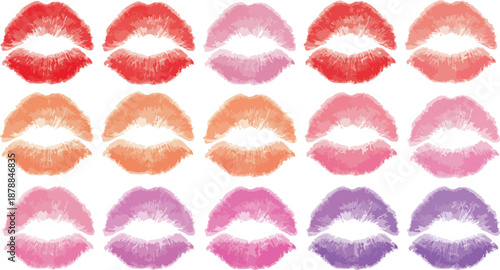 Collection of colorful lip prints in various shades of lipstick on white background