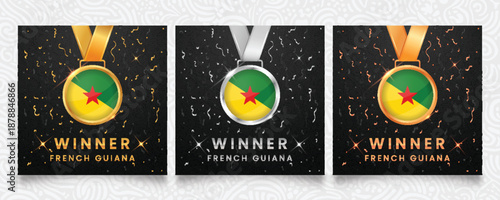 Regional winner templates for French Guiana. Gold silver and bronze medals with the Guianese flag design on dark background with sparkles and confetti. Vector illustration.