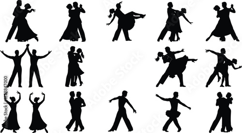 Large collection of black silhouettes featuring various ballroom dance couples performing elegant waltz tango and latin dance moves for romantic wedding gala and stage performance