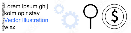 Search tools, financial analysis, tech innovation, problem-solving, efficiency, commerce. Minimalist magnifying glass, gear shapes and dollar sign. Search tools and financial analysis