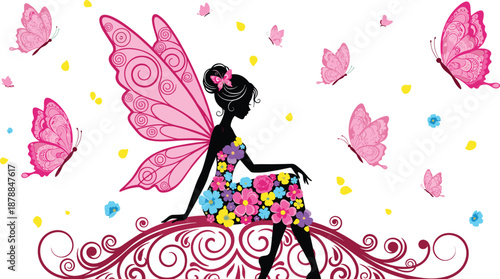 Floral Fairy Silhouette with Pink Butterfly Wings Sitting on Ornamental Swirls, Enchanted Nature Art for Spring and Fantasy Graphic Design
