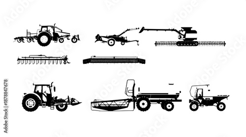 Black and white farming machine silhouettes featuring a prominent tractor with distinct wheels and a rugged framework, accompanied by various ploughing equipment with sharp blades and intricate detail