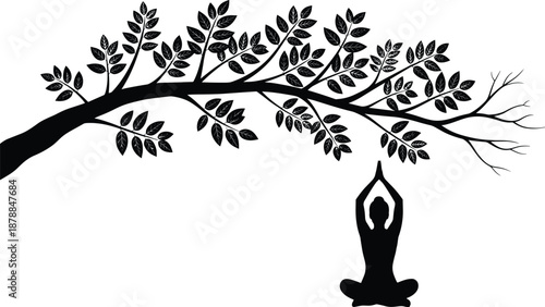 Meditation silhouette, yoga pose, tree branch, peaceful nature, black illustration, mindfulness moment, outdoor calm, spiritual practice, artistic composition, tranquil energy, serene balance