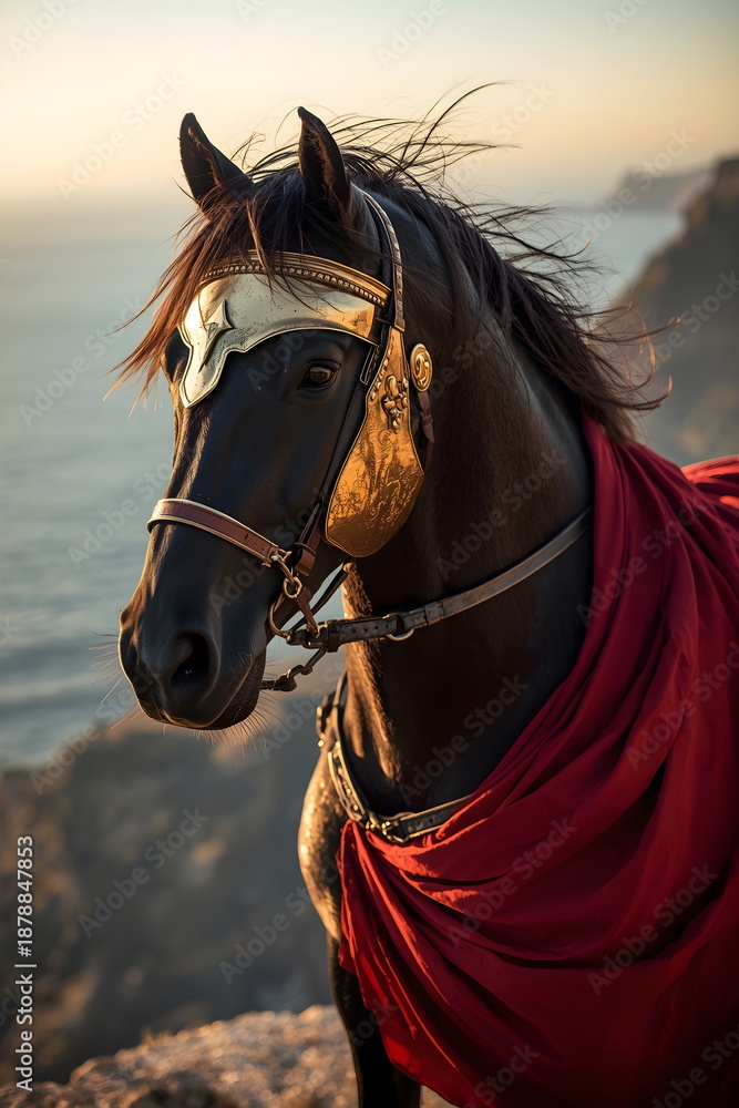 Obraz premium Epic cinematic shot of a black war horse wearing golden armor and a red cape standing on a cliff by the sea at sunset