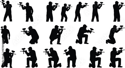 Large collection of black silhouettes featuring various paintball players in tactical standing and kneeling poses with markers and masks for extreme team sport competition concepts