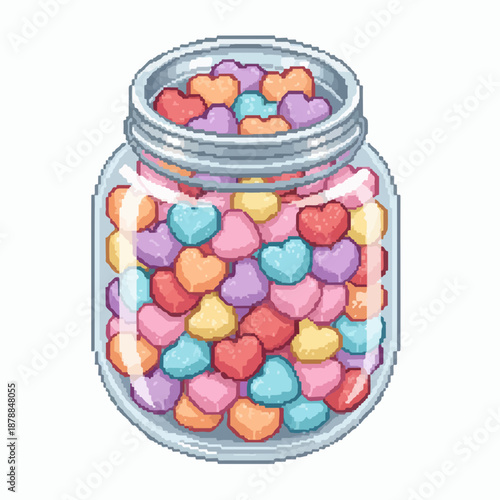 Colorful heart candies in a glass jar