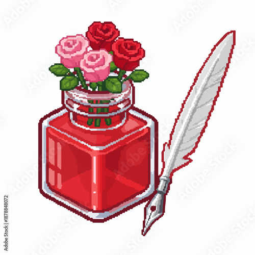Vibrant pixel art roses in red inkwell with quill pen