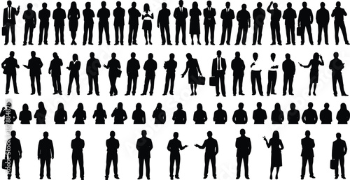 Large Collection of Business Professional Silhouettes in Suits, Flat Vector Illustration of Corporate People Standing, Talking, and Working in Office,