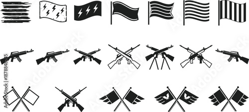 Military icon collection featuring stylized flags, rifles, and emblem combinations in black silhouette design for army, patriotic, and symbolic artwork