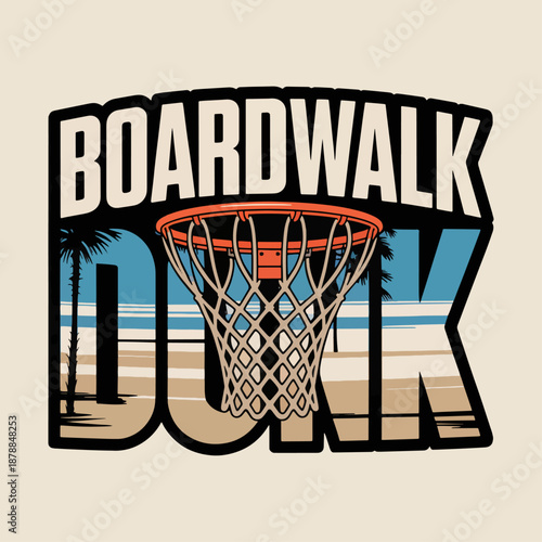 Boardwalk Dunk seaside hoops poster with net, palm skyline and bold typography, energetic beach court graphic for events, apparel and sports branding