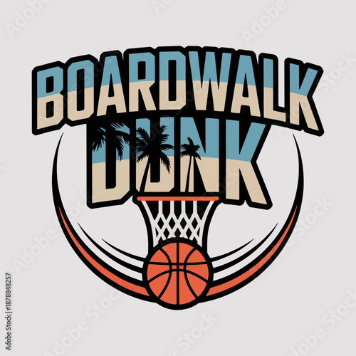 Boardwalk Dunk beach basketball round badge with hoop, palm silhouettes and sunset, coastal streetball logo for leagues, tournaments and summer merchandise