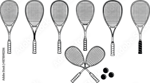 Large collection of black silhouettes featuring various professional squash and racquetball rackets with balls for sports competition tournament athletic recreation and club branding design concepts