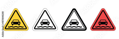 Flooding Hazard Warning Signs flat vector design showing vehicle in water, flood road symbols, and danger warning for emergency situations isolated on white background.