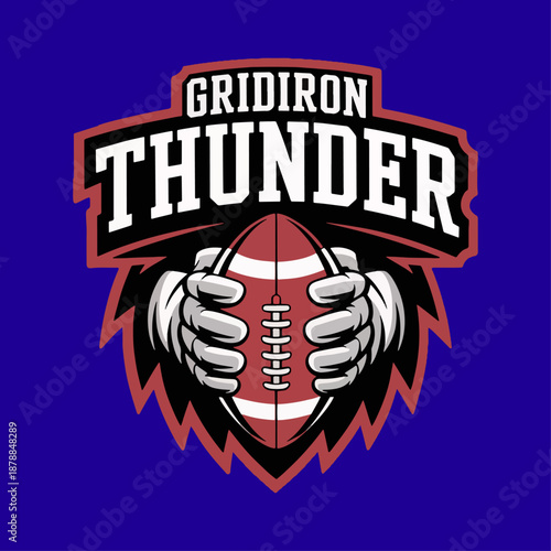 Gridiron Thunder football crest with fierce hands gripping the ball, bold team sports badge for league branding, posters, jerseys and fan merchandise