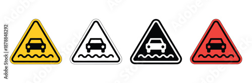 Flooding Hazard Warning Signs flat vector design showing vehicle in water, flood road symbols, and danger warning for emergency situations isolated on white background.