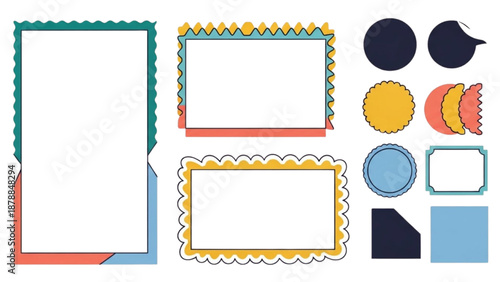 A collection of colorful frames and shapes displayed together on a clean white space, showcasing various design elements and templates