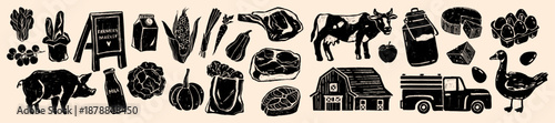 Farm product icon set, organic local market graphic print, hand drawn rural agriculture illustration. Fresh meat butcher sign, cow dairy symbol, pig healthy village food. Farm product design elements