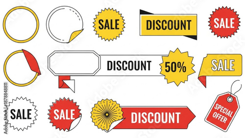 Collection of sale and discount labels in various shapes and colors displayed together