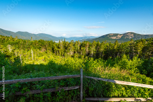 Mountains Behind Green Forest with Wooden Fence