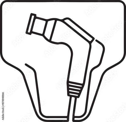 Minimalist line art of an EV nozzle resting in its linear holster, focusing on the symmetry of outline the handle, vector illustration