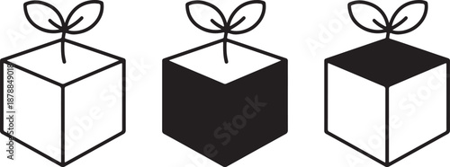 Minimalist sprout line art vector, forming a rockwool cube and a tiny outline, two leaves sprout emerging from the center linear illustration