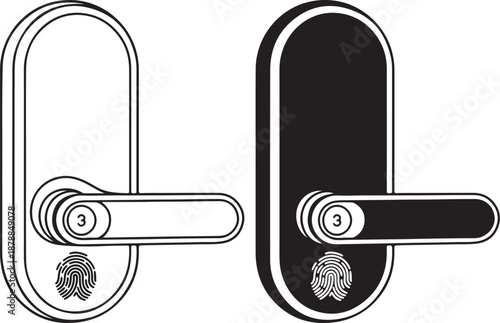 Modern digital door lock handle vector silhouette and line art, smart lock with an integrated fingerprint sensor