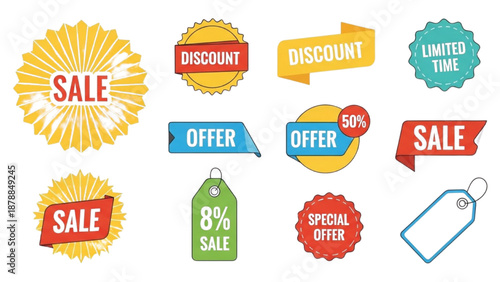 Assorted promotional labels and tags showcasing various sale and discount offers in a vibrant collection