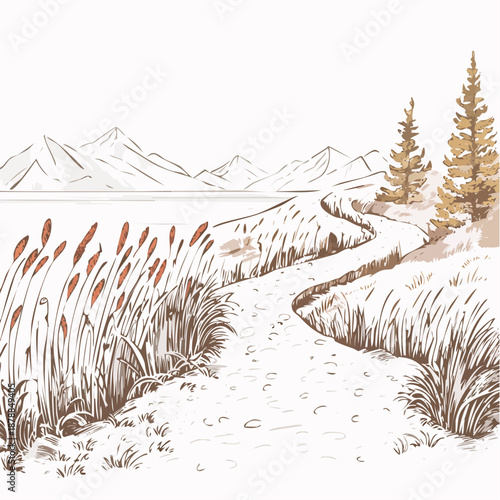 Serene illustration featuring a winding path through nature with lake and mountain views drawing