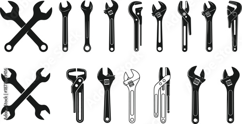 Large collection of black wrench silhouettes featuring various adjustable spanners pipe wrenches and open end tools for mechanical repair plumbing construction and professional handyman workshop 