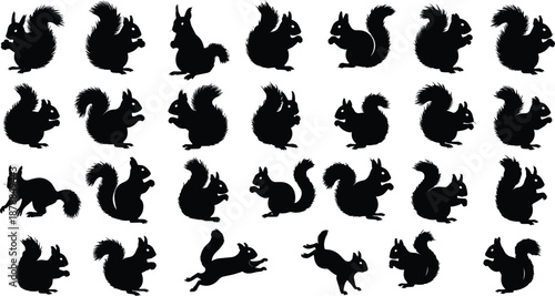 Squirrel silhouette, animal poses, black illustration, bushy tail, wildlife motion, nature grid, jumping squirrel, standing posture, artistic composition, forest creature, dynamic scene