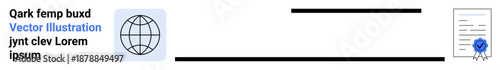 Digital security, data validation, certification, online documentation, global communication, trust. World globe icon linked to a certified document. Digital security and data validation concept