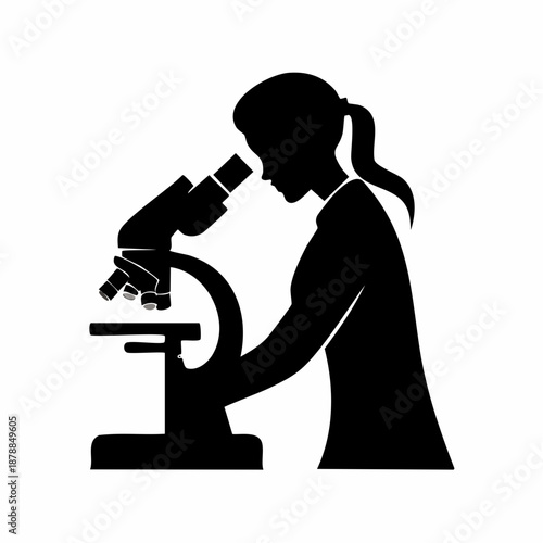 Silhouette illustration of a female scientist using a microscope in a lab setting