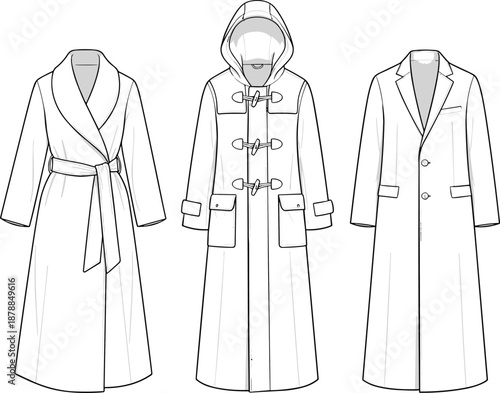 Fashion coat design sketch, wrap coat, duffle coat, tailored overcoat, winter outerwear, stylish clothing, garment construction, flat vector illustration