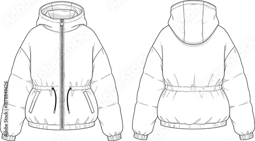 Hooded puffer jacket fashion sketch, quilted coat design, garment template, winter apparel illustration, stylish outerwear blueprint, flat vector illustration