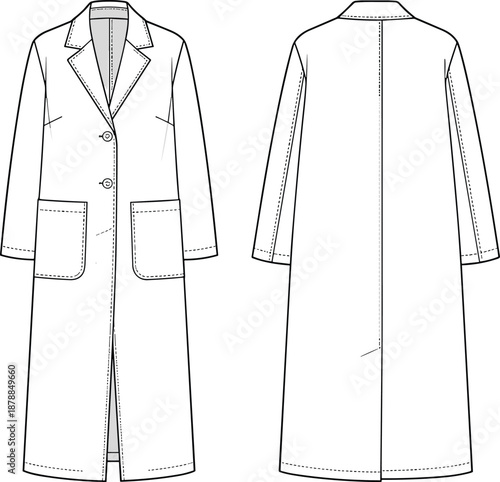 Long coat fashion sketch, notched lapel design, patch pocket garment, apparel template, stylish outerwear illustration, flat vector illustration