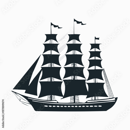 Silhouette of a three-masted sailing ship with black sails on a white background