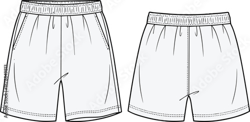 Shorts fashion sketch, elastic waistband design, side pocket garment, apparel template, casual clothing illustration, flat vector illustration