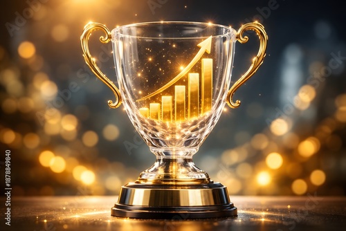Shining glass trophy with an upward bar graph representing business success and investment growth
