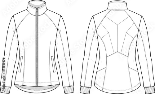 Technical jacket fashion sketch, garment template, outerwear design, apparel illustration, activewear clothing blueprint, stylish coat outline, flat vector illustration