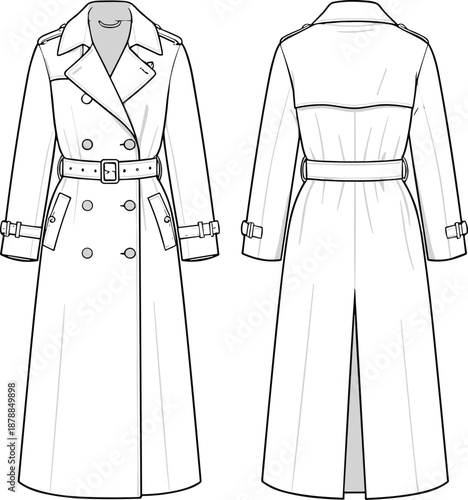 Trench coat fashion sketch, double‑breasted design, belted waist garment, apparel template, stylish outerwear illustration, flat vector illustration