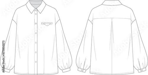 Blouse fashion sketch, pointed collar design, chest pocket detail, voluminous sleeve garment, apparel template, stylish clothing outline, flat vector illustration