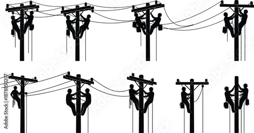 Black silhouettes of professional electrical utility linemen working on high voltage power lines and utility poles for electricity maintenance and repair isolated on white background