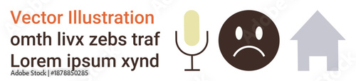 Communication, voice recognition, sentiment analysis, housing, emotional states, technology. A microphone, sad face and house icon displayed. Communication and sentiment analysis ideas
