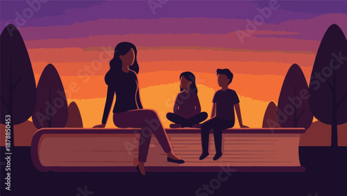 Family enjoying reading outdoors at sunset, sitting on a giant book illustration